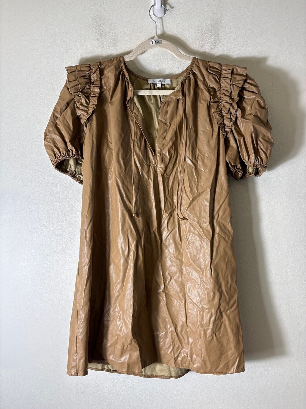 Oliveaceous Light Brown Faux Leather Short :Puff Sleeve Mini Dress Sz L